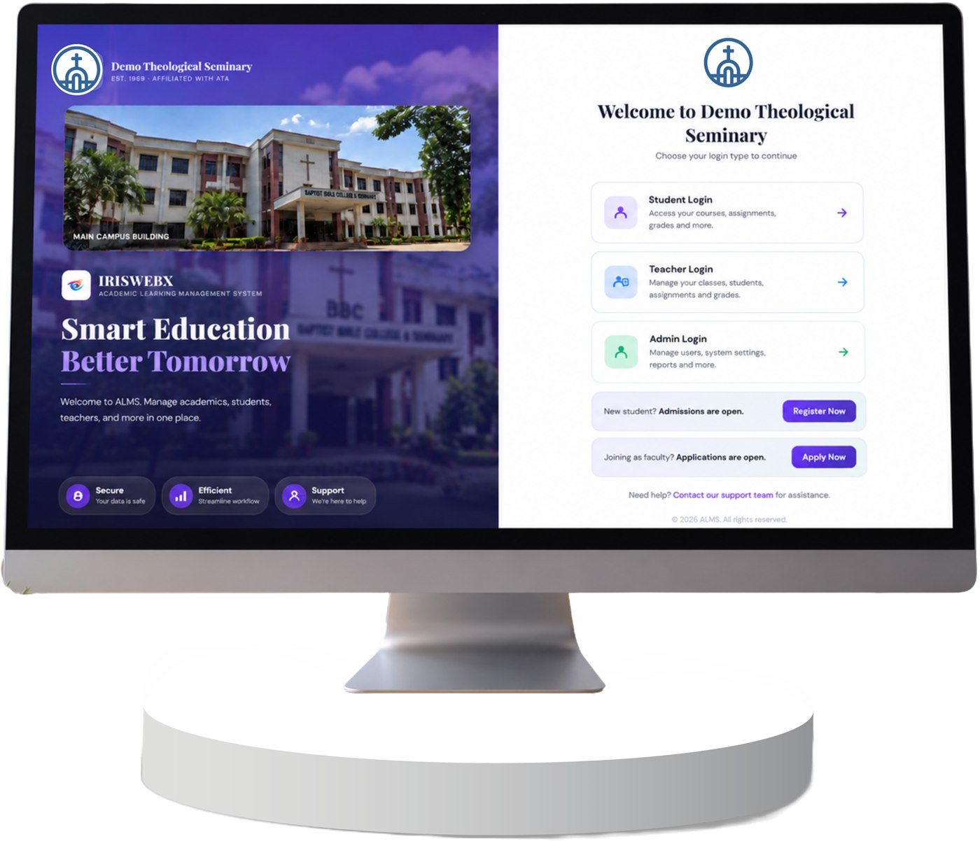 The IRISWEBX ALMS login screen for Demo Theological Seminary shown on a desktop monitor