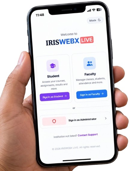 A hand holding a phone showing the IRISWEBX LIVE welcome screen, with sign-in options for Student, Faculty and Administrator