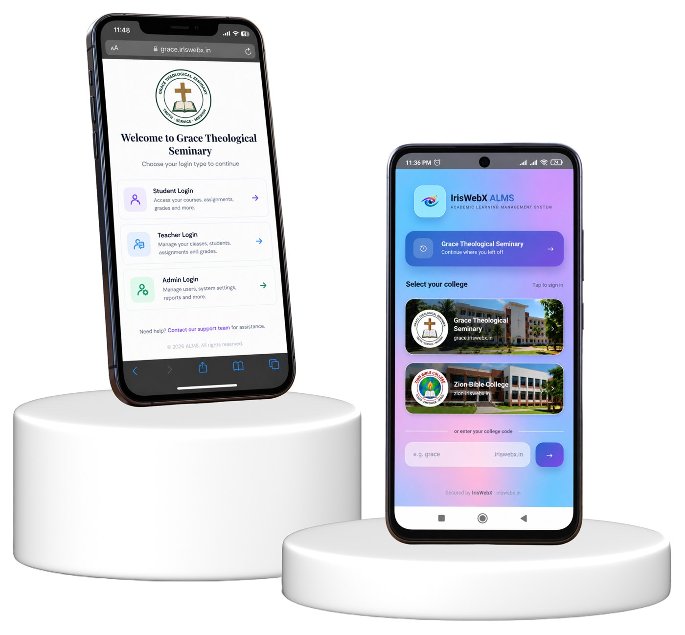 The IRISWEBX ALMS login and college-selection screens shown on two mobile phones